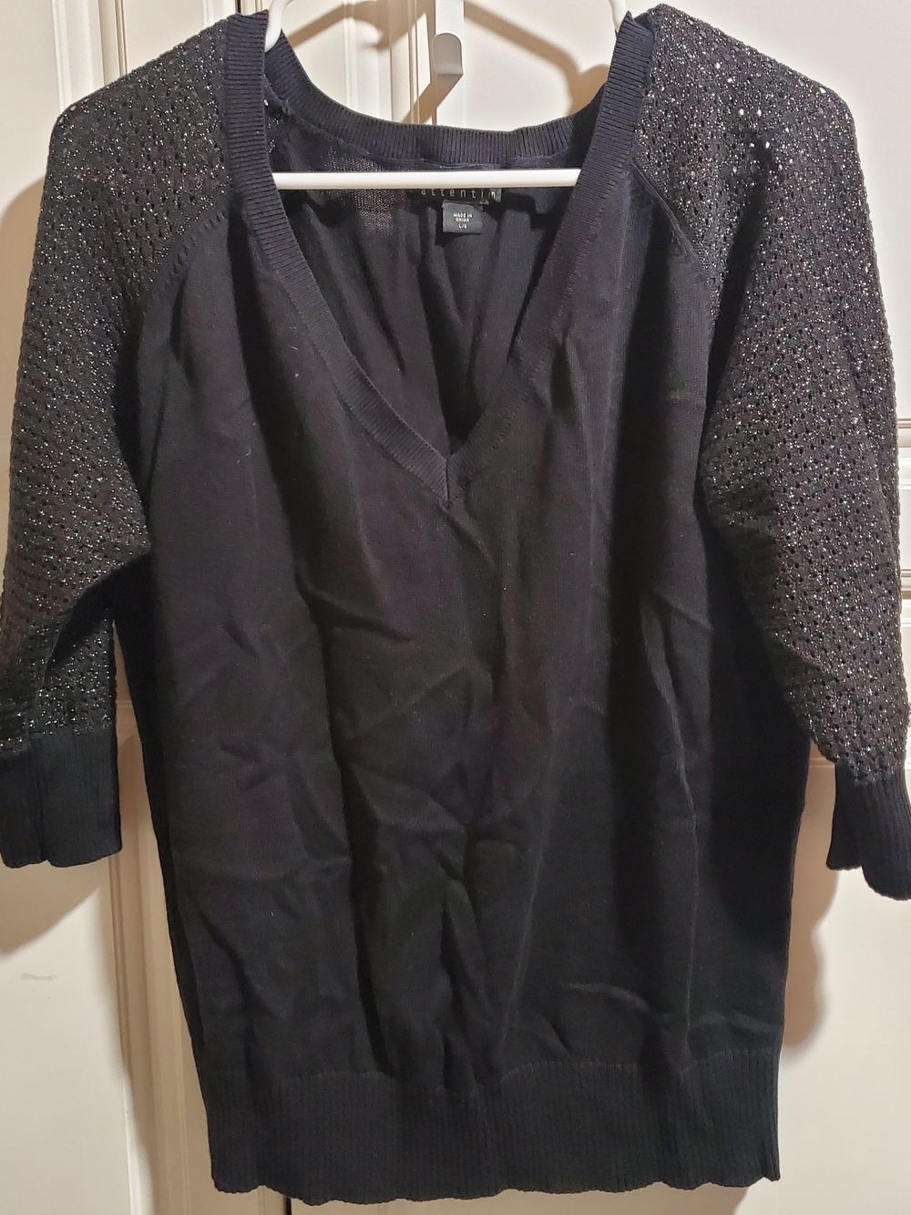 attention Black V-Neck Sweater with Sparkle Knit Sleeves